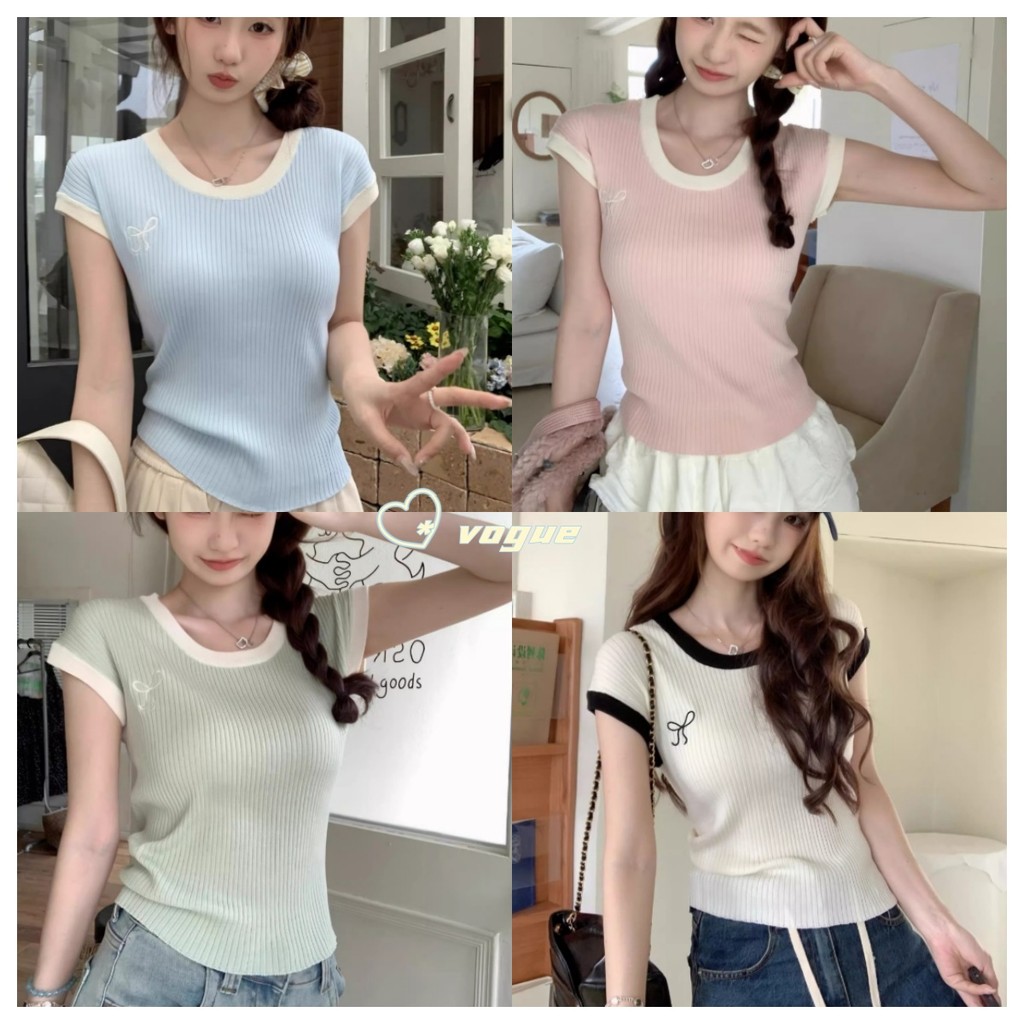 Vogue พร้อมส่ง แขนสั้นสีทึบ เสื้อยืดไหมพรมคอกลม แขนสั้น ดีเทลสีพาสเทลปักโบว์ที่หน้าอก (7671-2)