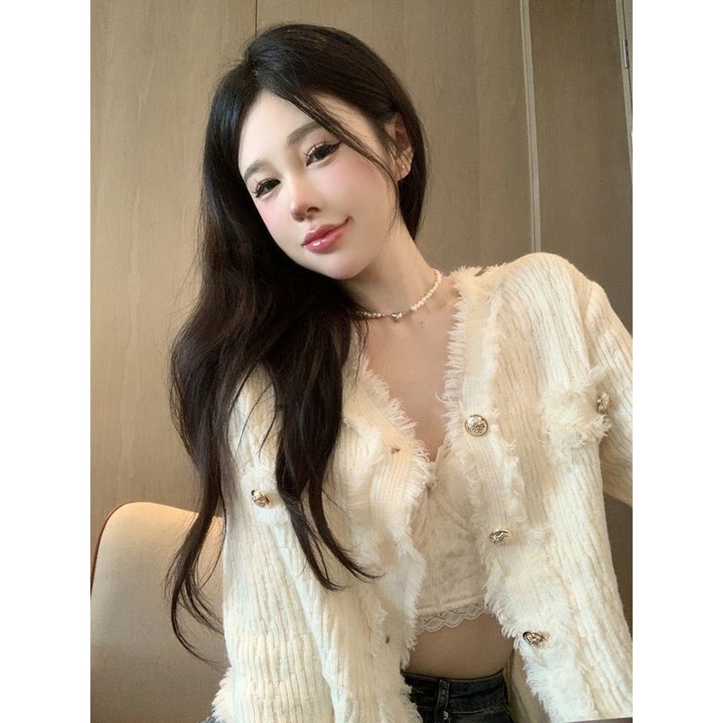 เก๋ที่สวยงามสไตล์ชาแนลฝอยเสื้อกันหนาวแจ็คเก็ตผู้หญิงฤดูใบไม้ร่วงฤดูหนาวบรรยากาศขี้เกียจคอวีถักคาร์ดิแกนด้านบน