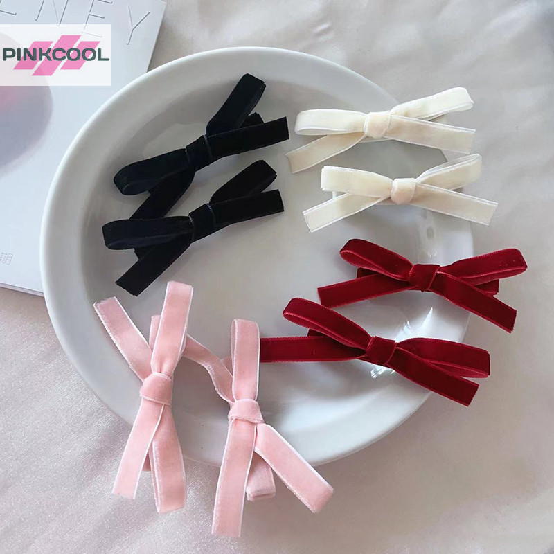 PINKCOOL 2PCS สไตล์เกาหลีสีทึบ Vintage กํามะหยี่โบว์น่ารัก Hairpin ด้านข้างคลิปสาวหวาน Cool Barrettes อุปกรณ์เสริมผมร้อน - รูปที่ 2
