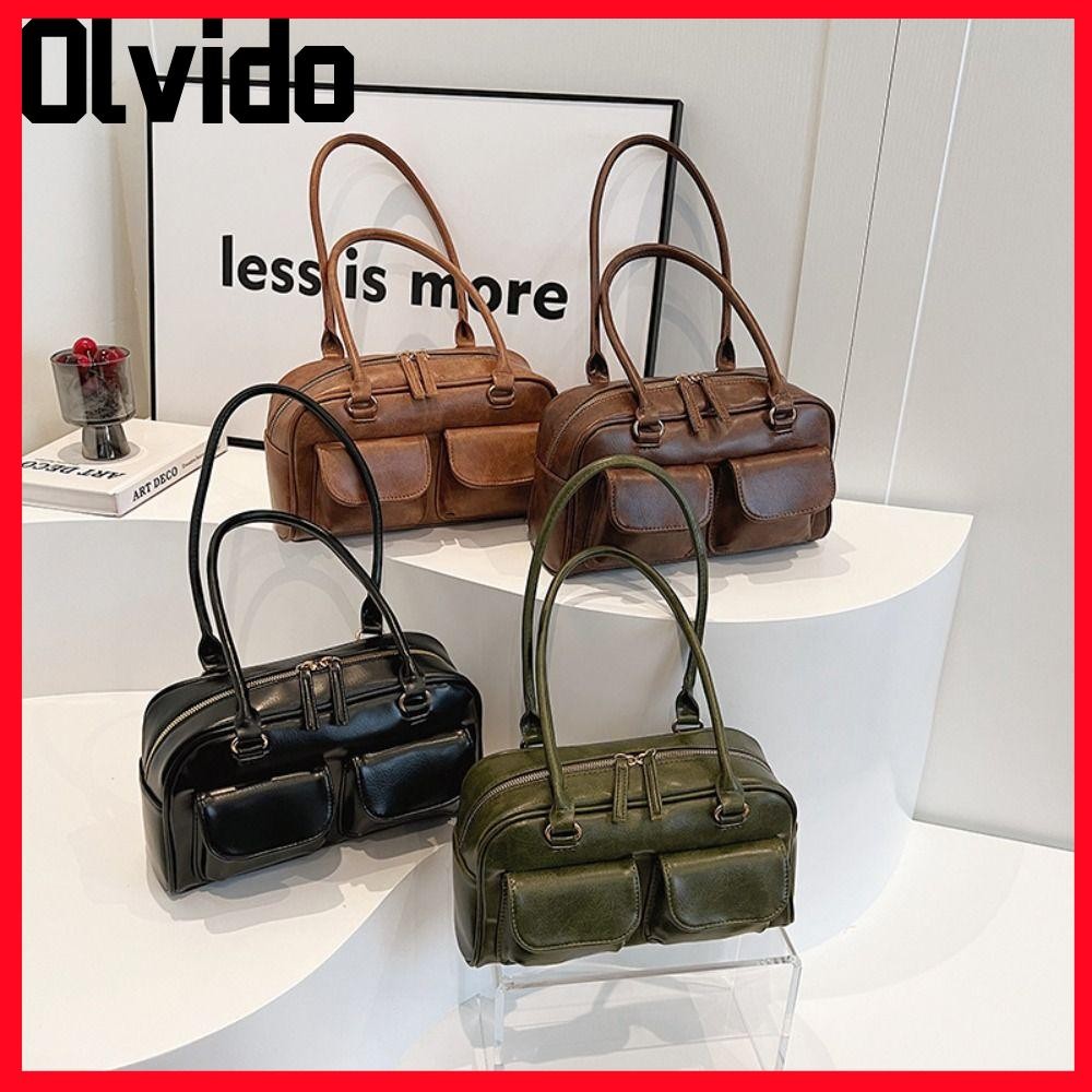 กระเป๋า OLVIDO Satchel Hobo, กระเป๋าสะพายข้างสีทึบ PU, กระเป๋าสะพายความจุสูงแฟชั่นย้อนยุค