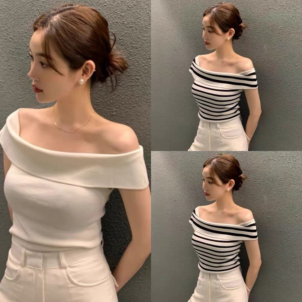 Cuties H023 เสื้อยืดแขนสั้น เปิดไหล่ข้างเดียว เสื้อปาดไหล่ลายทาง ผ้าถัก เข้ารูป แฟชั่นฤดูร้อน