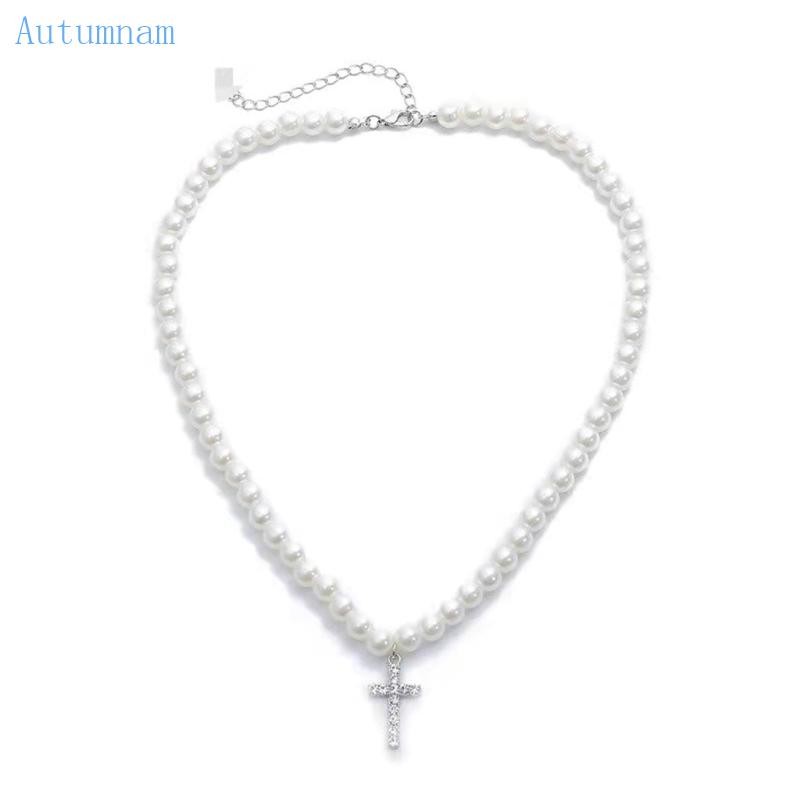 Autu งานแต่งงานสร้อยคอมุกสีขาววินเทจเพชรเทียมสําหรับจี้ไม้กางเขน Neckla