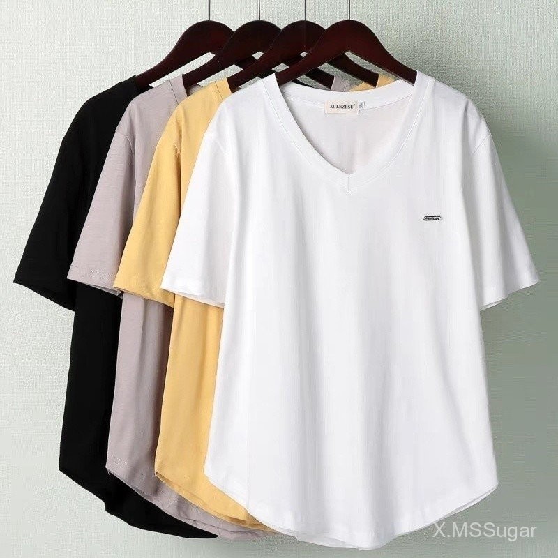 พลัสขนาดผ้าไหมน้ำแข็งคอวีแขนสั้นเสื้อยืดผู้หญิงฤดูร้อนใหม่150.00กิโลกรัมด้านบนหลวมสำหรับสาวอวบ