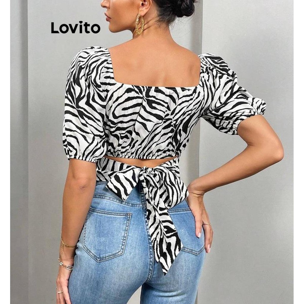 Lovito เสื้อเบลาส์ผู้หญิง ลายม้าลาย แบบผูกหลัง สไตล์หรูหรา LNL71348