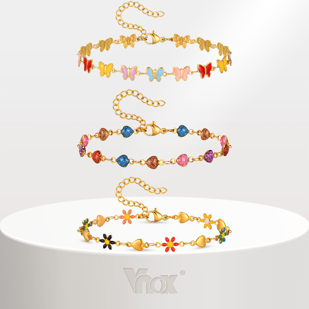 Vnox Y2K สร้อยข้อมือโซ่สีสันสดใสสําหรับผู้หญิงสาว,18K Gold Heart ผีเสื้อดอกไม้ Link Chain,ไม่ซีดจางเครื่องประดับของขวัญ