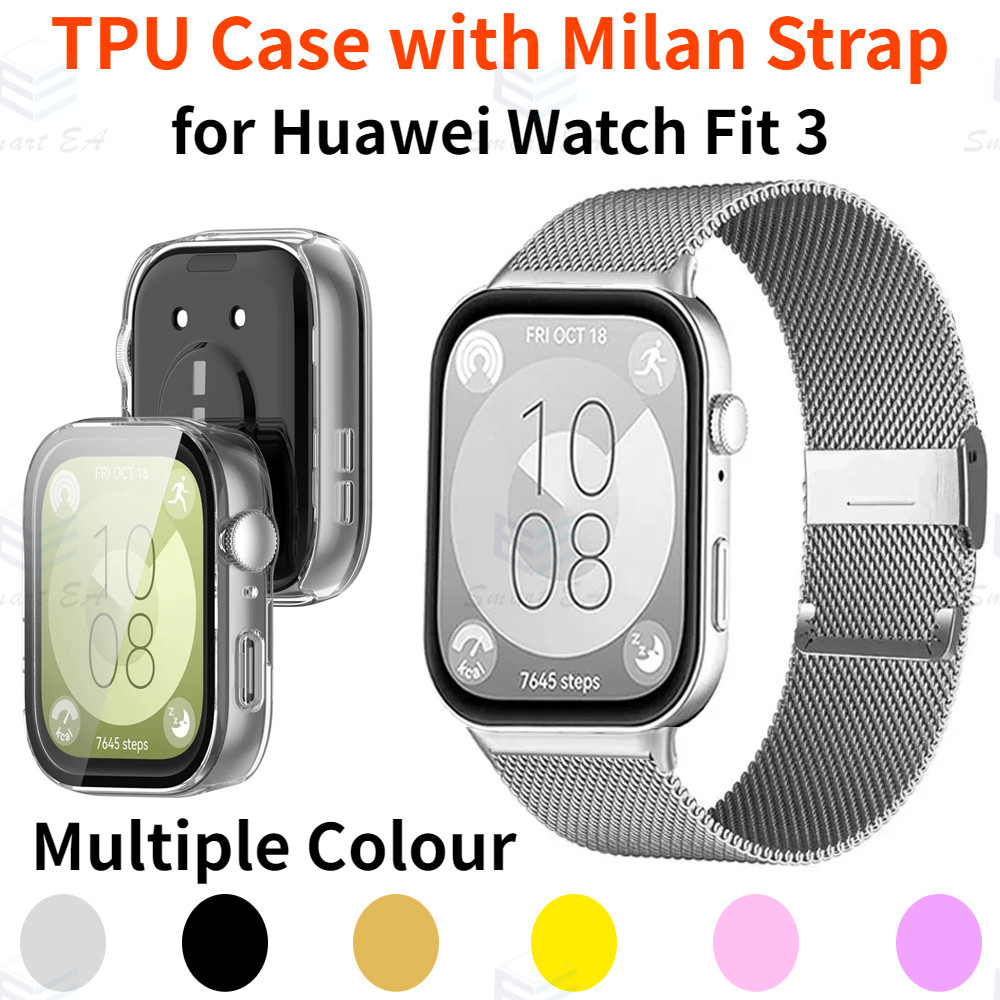 เคสtpu + สายสําหรับHuawei Watch Fit 3 Milanese Loop Band Full Screen ProtectorสําหรับHuawei Watch Fit3 เปลี่ยนสายนาฬิกา