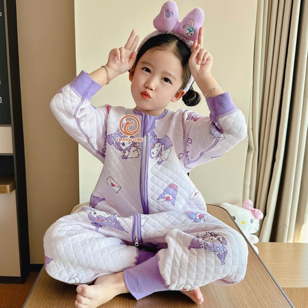 YA ZHOU LONG ชุดนอนเด็กผู้หญิง ลายคุโรมิน่ารัก ถุงนอนกันเตะแบบชิ้นเดียว ฤดูใบไม้ร่วงและฤดูหนาวที่อบอุ่น