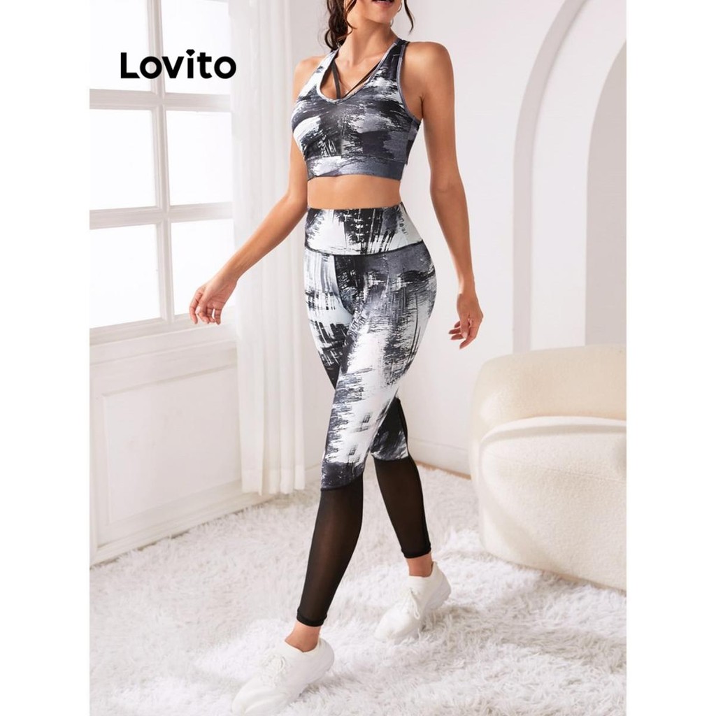 Lovito ชุดกีฬาเย็บผ้าหินอ่อนสปอร์ตสำหรับผู้หญิง LNL77098