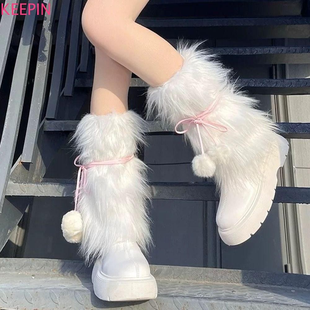 Keepin Furry ขาอุ่น, Faux Fur Lace Up Balls Boot Cover ถุงเท้า,เลียนแบบขนสัตว์แฟชั่น Y2K สาวหนาน่องแขนสาวเผ็ด