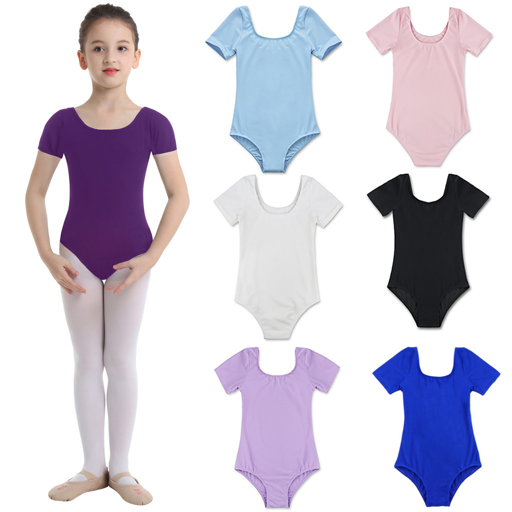 เด็กสาวแขนสั้นบัลเล่ต์เต้นรํายิมนาสติก Leotard สีทึบยืดบอดี้สูท Ballerina โยคะเต้นรํา Class การฝึกอบรม Dancewear