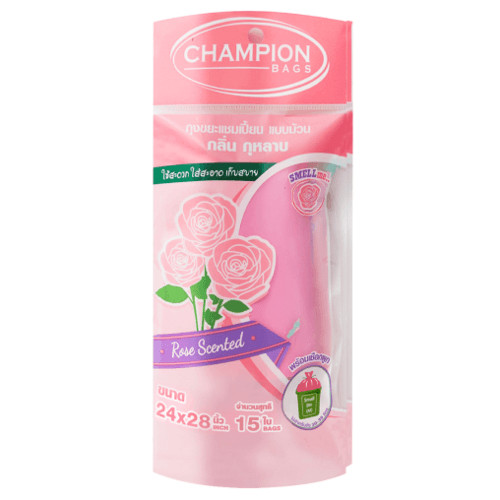 NP_shop4289 Champion ถุงขยะแบบม้วน ขนาด 24x28 บรรจุ 15 ใบ/แพ็ค สีชมพู กลิ่นกุหลาบ