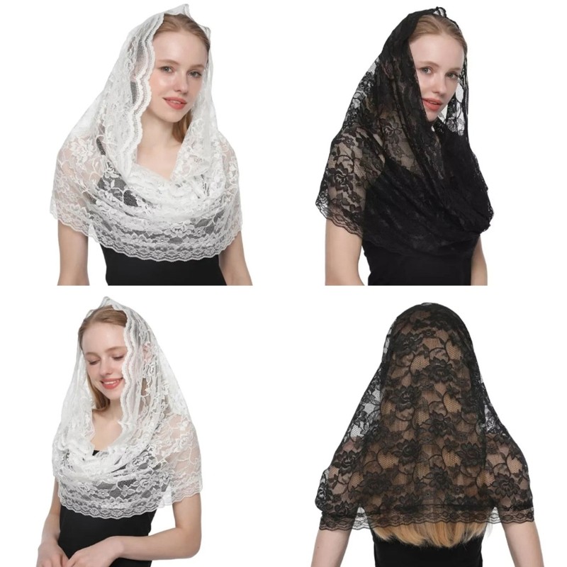 Whi Vintage Lace Veil สําหรับงานแต่งงานเจ้าสาว Latin Mass Headscarf Veil สําหรับเจ้าสาวคาทอลิกโบสถ์ 