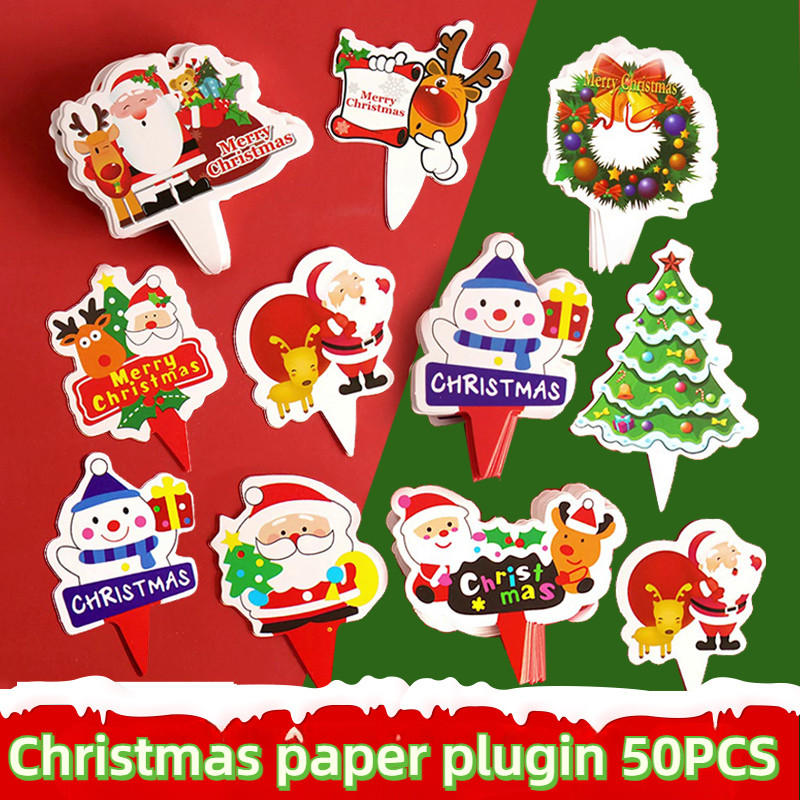 50 ชิ้นตกแต่งเค้กคริสต์มาส Plugin กระดาษ Plugin Santa Claus ต้นคริสต์มาส Elk Party ตกแต่งเค้ก