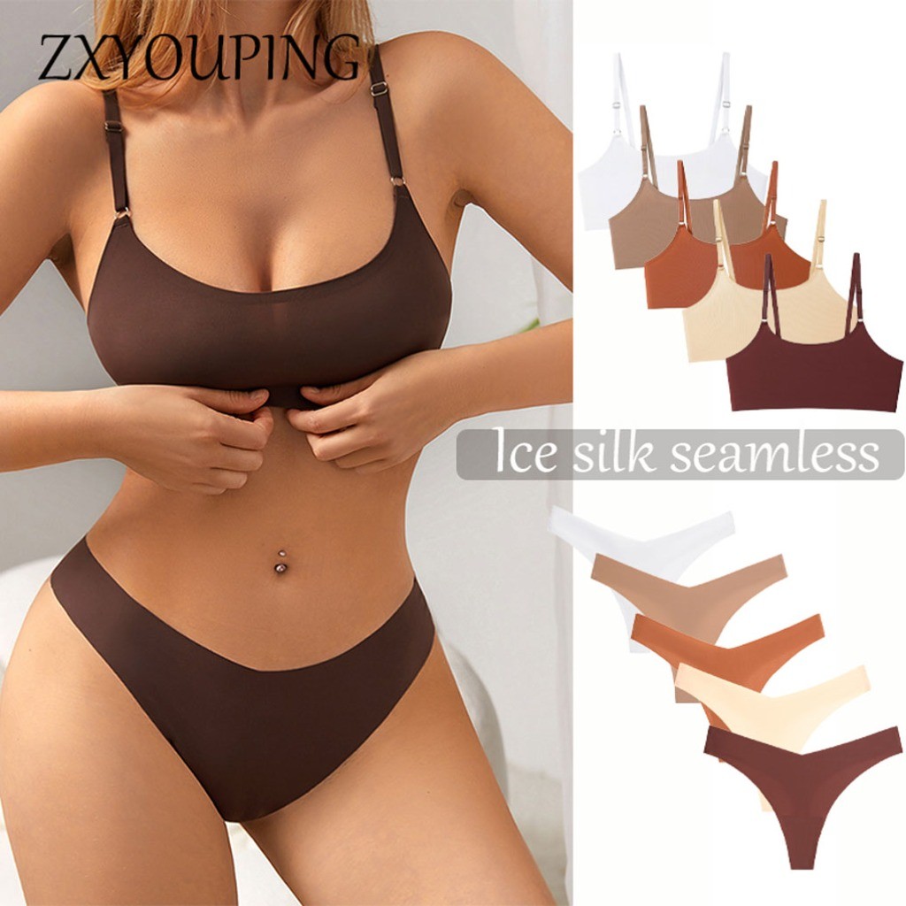 Zxyouping 1/2pcs ผ้าไหมน้ําแข็ง Sameless Bra และกางเกงสําหรับผู้หญิงชุดเซ็กซี่ G String ชุดชั้นในสบายไม่มี Padding ไร้สาย Bra ชุดชั้นในกีฬาบิกินี่ Plus ขนาด T-back ชุด