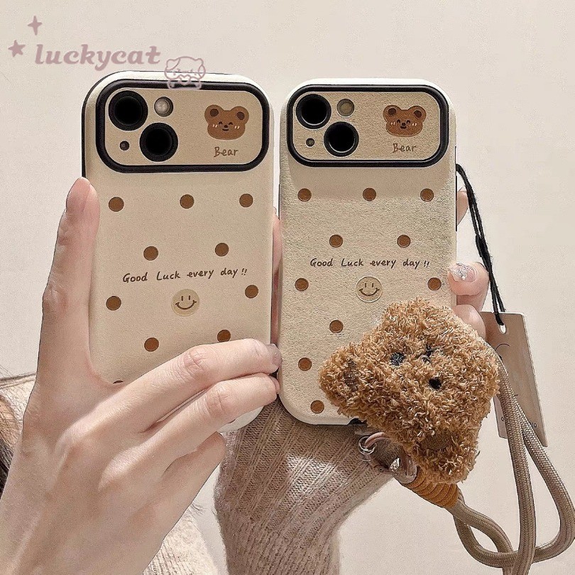 Iphone 16 15 14 13 12 11 Pro Max X Xr Xs Max 7 8 Plus SE2020 เคสโทรศัพท์น่ารัก Happy Brown Bear คู่ Soft + Lanyard Cover