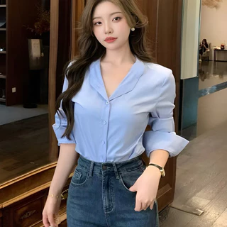 ขเสื้อเชิ้ตสํานักงานผู้หญิงสไตล์เกาหลีแขนยาวคอวีสีทึบรุ่นหลวม