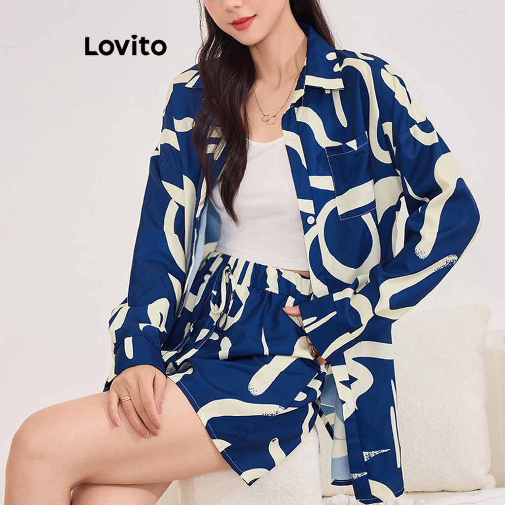 Lovito ชุดกางเกงขาสั้นลายเรขาคณิต โบโฮ โบโฮ สำหรับผู้หญิง L99ED055