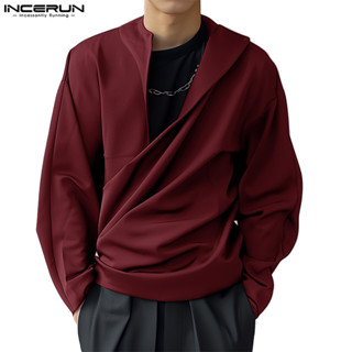 Incerun เสื้อเชิ้ตแขนยาวดีไซน์ปกซ้อนแฟชั่นเกาหลีสําหรับผู้ชา…