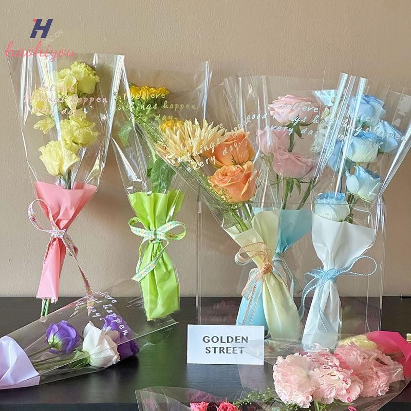 <haohiyou> 10 ชิ้นเดี่ยว Rose แขนดอกไม้ห่อกระเป๋าช่อดอกไม้บรรจุภัณฑ์ถุง Clear Cellophane ดอกไม้ Wrappers สําหรับวันวาเลนไทน์ Nice
