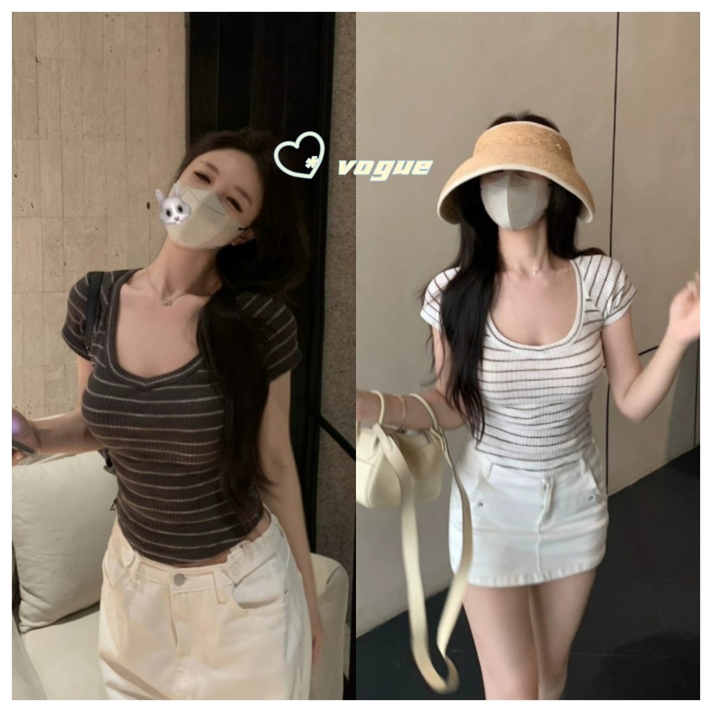 Vogue พร้อมส่ง เสื้อยืดครอปสั้น คอกลม ดีเทลลายทาง ยืดกำลังดี รัดตัว (95175)