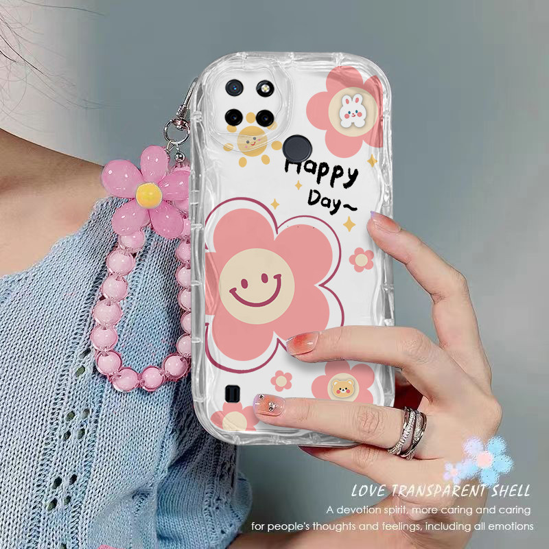 เคส Realme C21Y C25Y ใสเคสโทรศัพท์ดอกไม้เชือกแขวนลูกปัดฝาครอบโทรศัพท์กันกระแทกโปร่งใส