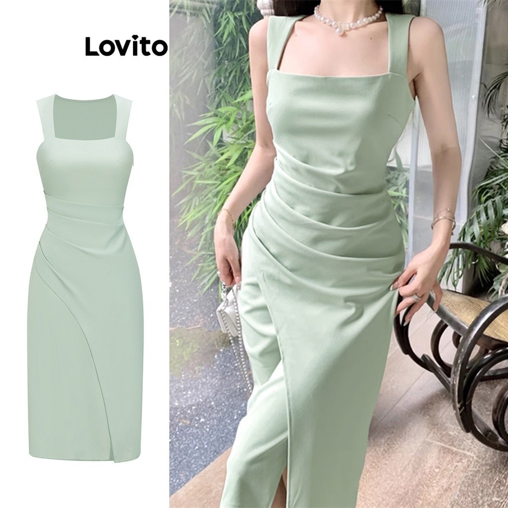Lovito เดรสผู้หญิง จับจีบช่วงต้นขา เรียบหรู L65ED167 (สีเขียวอ่อน)