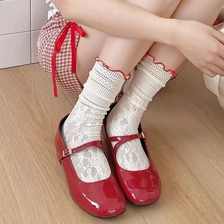 🌸พร้อมส่งในไทย🧦ถุงเท้าลูกไม้โลลิต้าสไตล์ญี่ปุ่น สีทึบ บางเฉียบ ระบายอากาศได้ดี หวานและน่ารัก