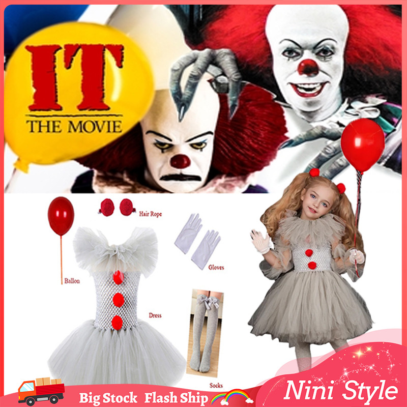 สาว Pennywise เครื่องแต่งกายคอสเพลย์ It Clown ฮาโลวีนเด็กแฟนซี Pennywise Tutu ชุดสําหรับเด็ก Carniva