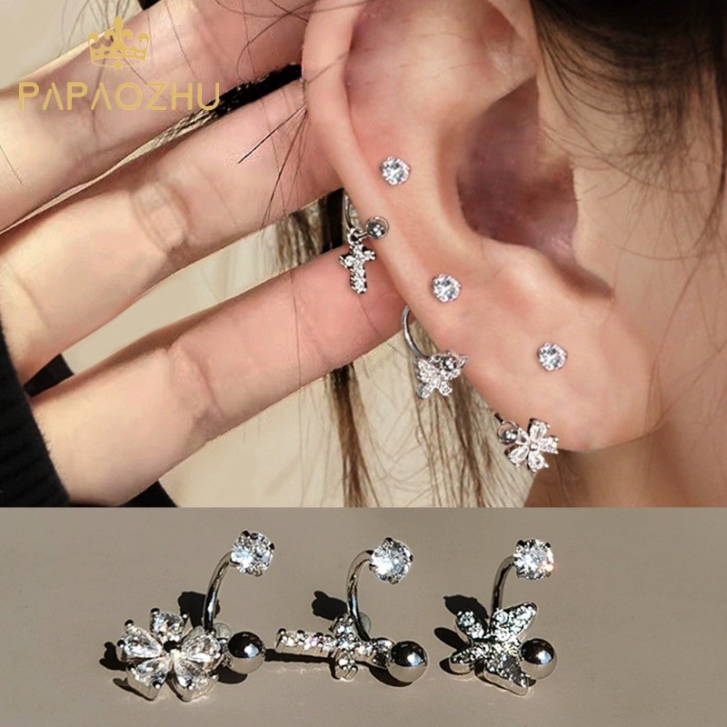 Papaozhu 3PCs ที่ละเอียดอ่อน S925 เงินZircon CROSSผีเสื้อเจาะต่างหูสําหรับหญิงสาวแฟชั่นหู Studsชุดเครื่องประดับ