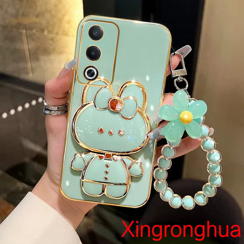 ปลอกoppo A3 Pro 5G A3X 5G/ A3 A38 A18 A58 A60 A79 5Gเคสโทรศัพท์TPU 3Dกระต่ายเครื่องสําอางกระจกแต่งหน้าขาตั้งUltra Thin Electroplated Soft Case Shock Protection Caseพร้อมสร้อยข้อมือ