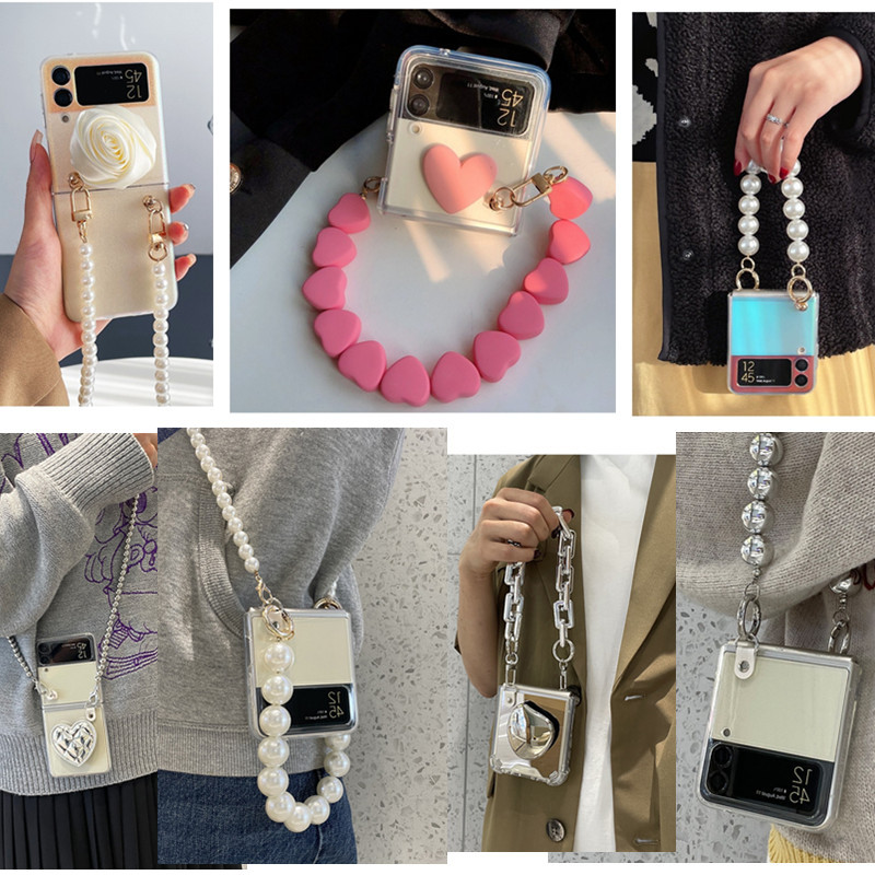 Luken แฟชั่นน่ารักสร้อยข้อมือหัวใจดอกไม้ Pearl Chain เคสโทรศัพท์สําหรับ Samsung Galaxy Z FLIP 6 สําห