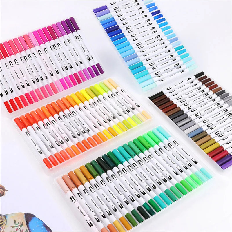 100 สีปากกาสีน้ํา Dual-Tip Art Markers ปากกา Felt จิตรกรโรงเรียน Art Supplies แปรง Fineliner ปากกาสีอุปกรณ์เครื่องเขียน