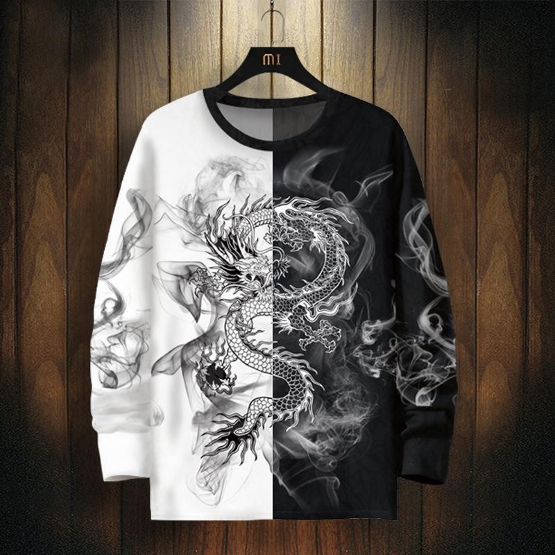 เยาวชนแขนยาวเสื้อยืดผู้ชายอินเทรนด์ควันมังกรแบบนักเรียนด้านบนหลวมขนาดบวก
