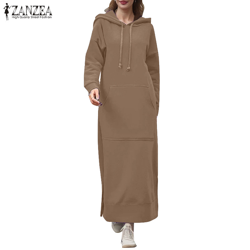 ZANZEA ซานเซีย ผู้หญิงแฟชั่นเกาหลีสีทึบแขนยาว เชือกรูด คลุมด้วยผ้า ชุดเสื้อกันหนาวยาว