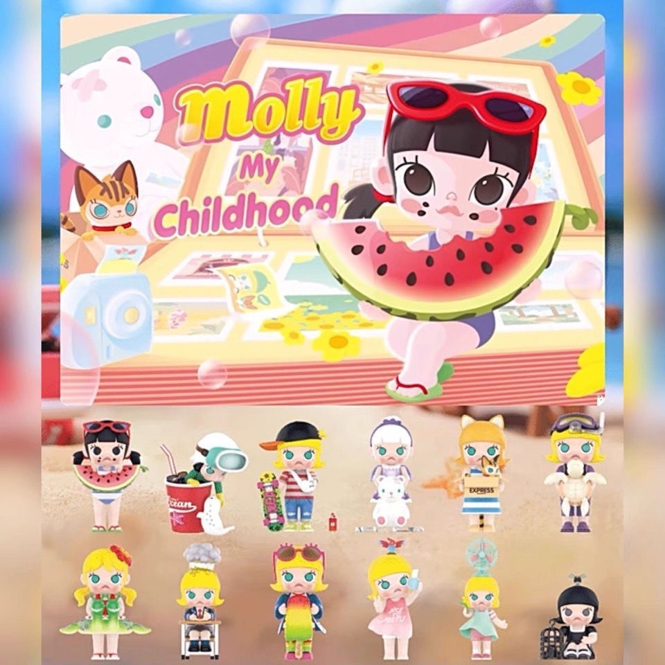 สินค้าในสต็อก，POPMART MOLLY My Childhood Series Figures กล่องตาบอดของเล่นอินเทรนด์เดสก์ท็อปเครื่องประดับ