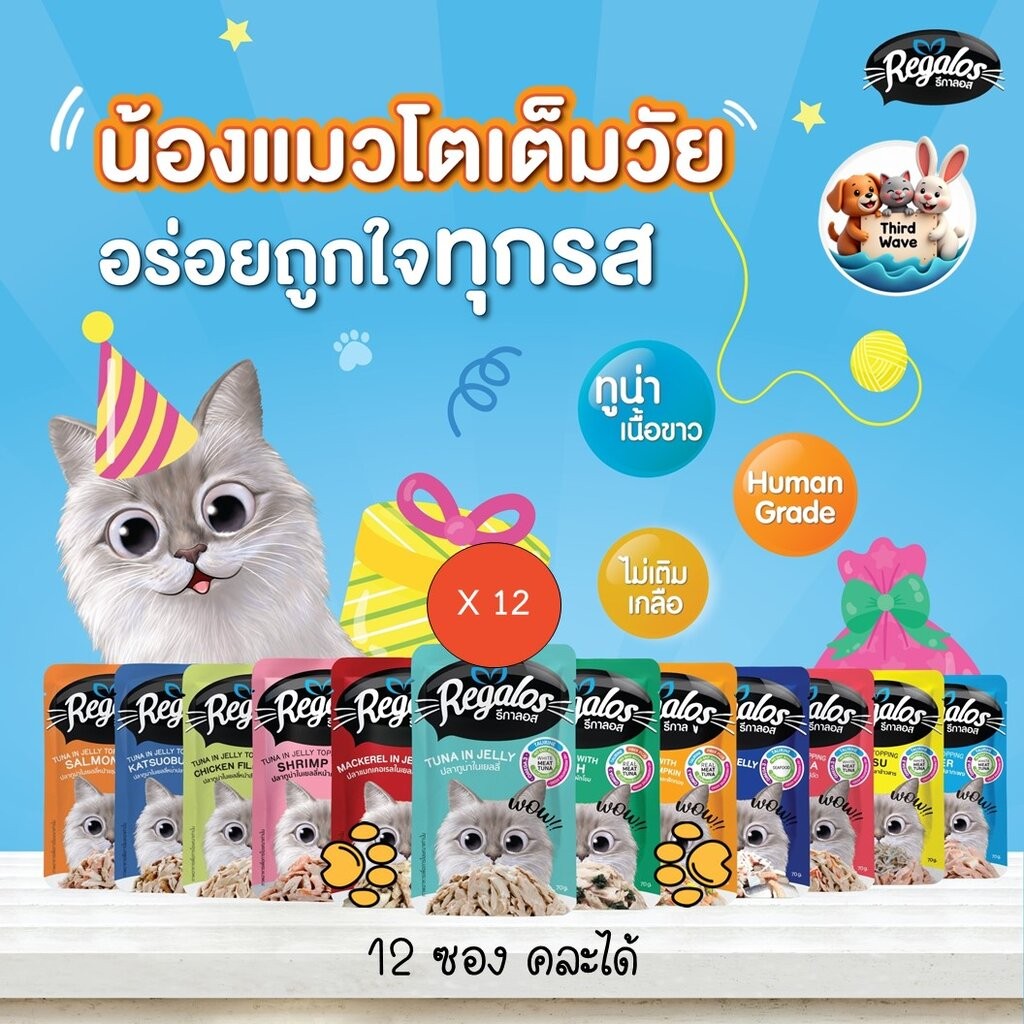 *** 12 ซองคละได้ *** Regalos เพ้าซ์ อาหารเปียกสำหรับแมว มาในรูปแบบอาหารเปียกในเยลลี่ แบบซอง ขนาด 70 กรัม x 12 ซอง