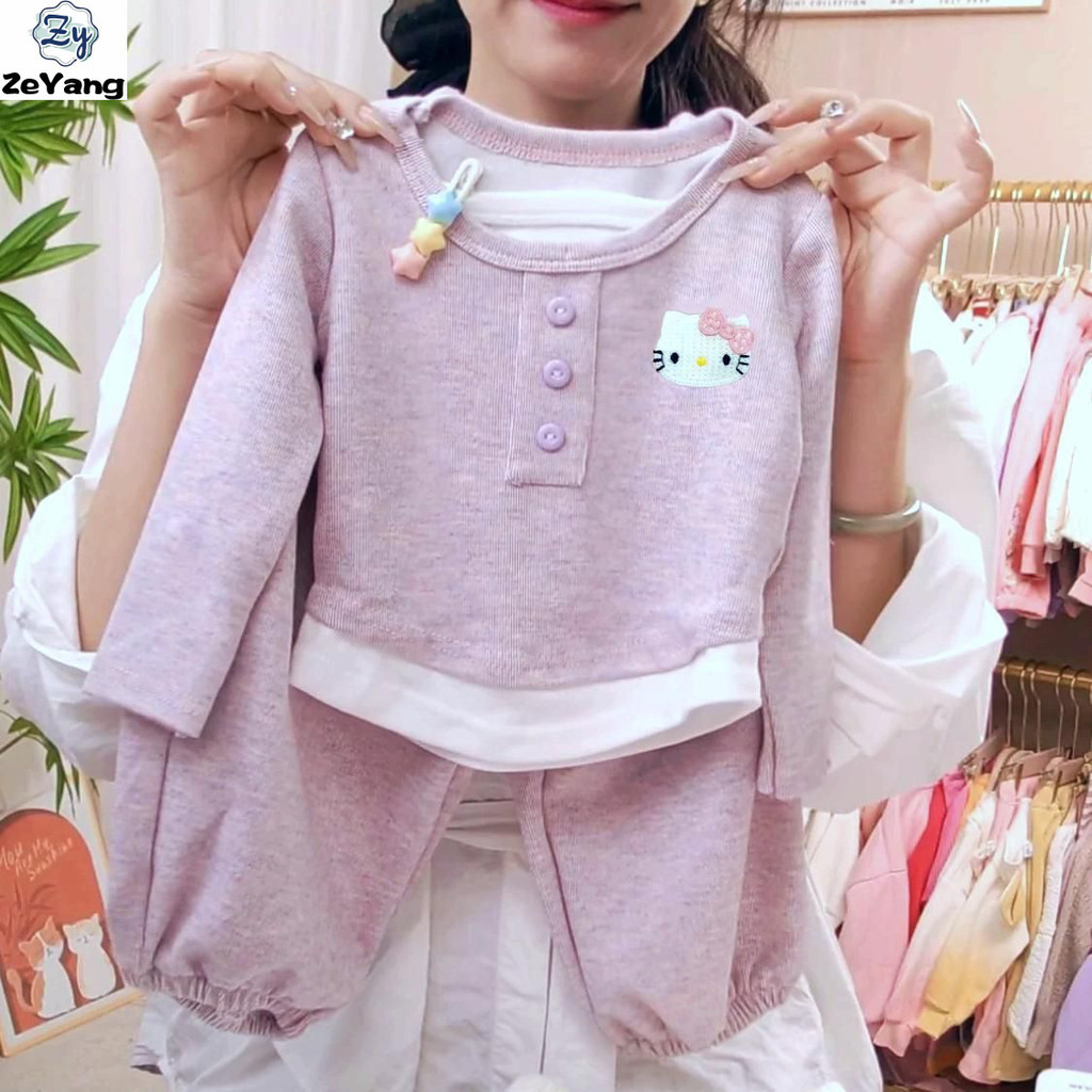 [ZY] 70-140 พร้อมสต็อกเด็กแคชเมียร์ชุดลําลองยาวเสื้อยืดฤดูใบไม้ร่วงฤดูหนาวเด็กปลอมสองชิ้นสูทแฟชั่นสไตล์ตะวันตกสูททุกการแข่งขันชุด Hello Kitty Mykitty