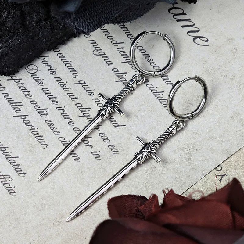 Dark Gother Vintage Middle Ages Sword Earrings Dagger Long Drop Earring For Women Men Silver Color H