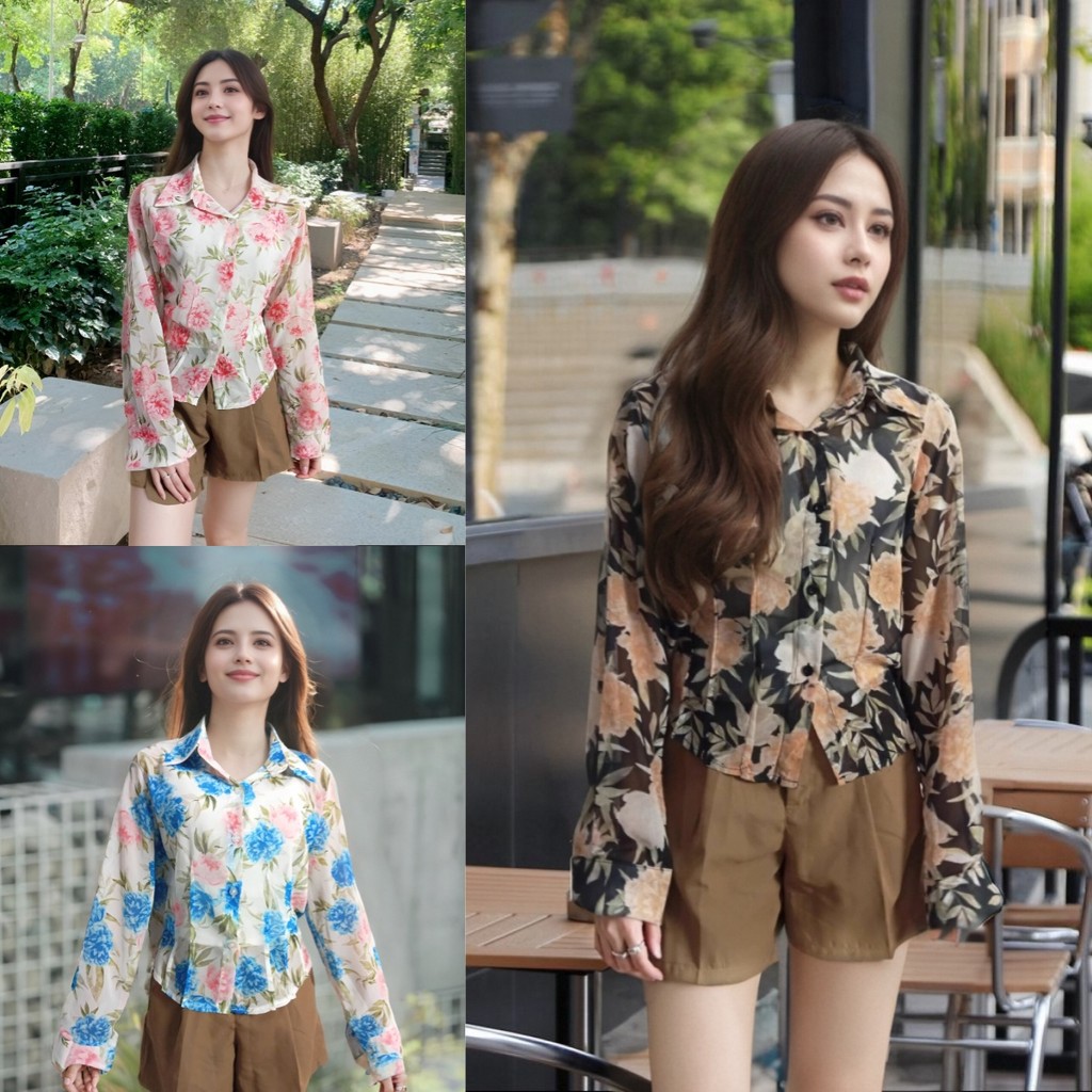 เสื้อเชิ้ตแขนยาวผู้หญิงลายดอกใหญ่ ดีไซน์เกาหลีวินเทจ ใส่สบายและเหมาะสำหรับทุกวัน  เสื้อ สงกรานต์ ผู้หญิง