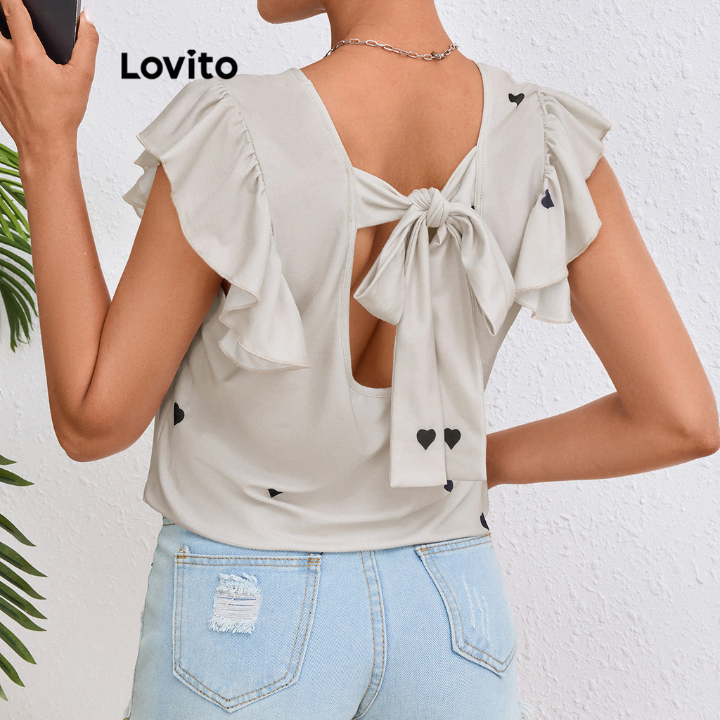 Lovito เสื้อยืดผู้หญิง รูปหัวใจHeart ผูกโบว์หลังสำหรับผู้หญิง LBL17016