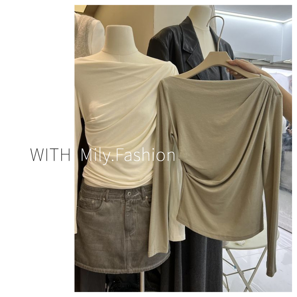 Milyfashion Modal คอแบนออกแบบจีบแขนยาว T Slim-fit Slimmer ดูอินเทรนด์