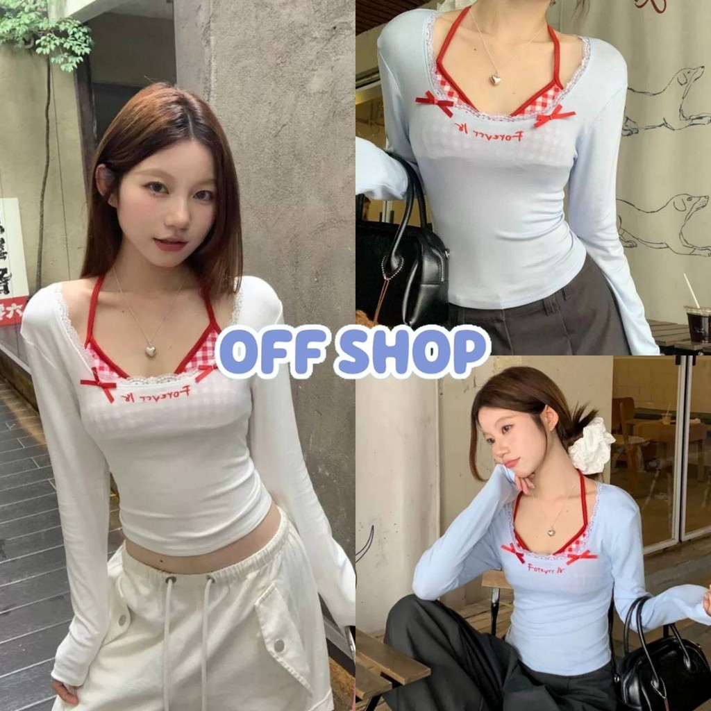 OFF SHOP พร้อมส่ง (OFF-FY5073) เสื้อแขนยาวน่ารัก คอกลม มีฟองน้ำดีเทลแต่สองขั้น สีสดใส