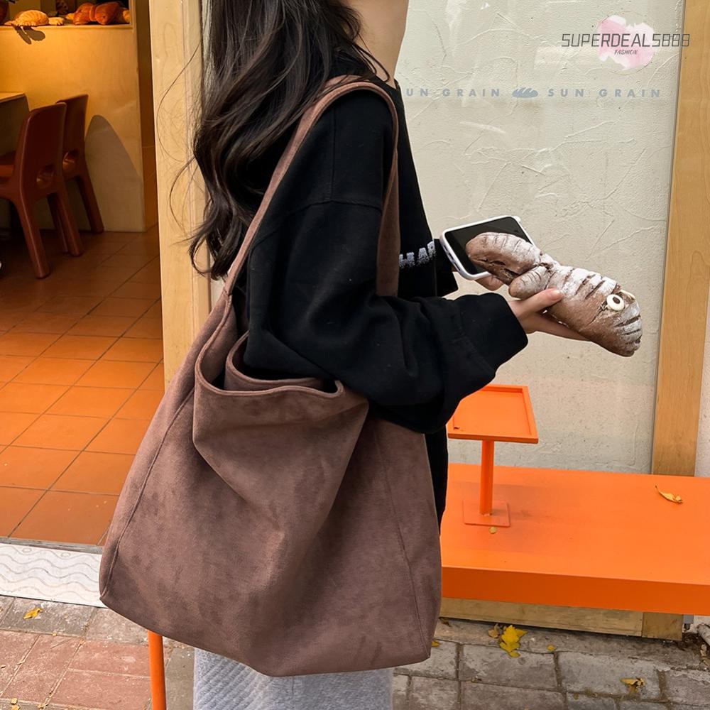 [SuperDeals888.th] กระเป๋าหนังกลับ กระเป๋าถือลําลอง ผ้าทวีต สไตล์คลาสสิก แฟชั่นเรโทร สําหรับผู้หญิง