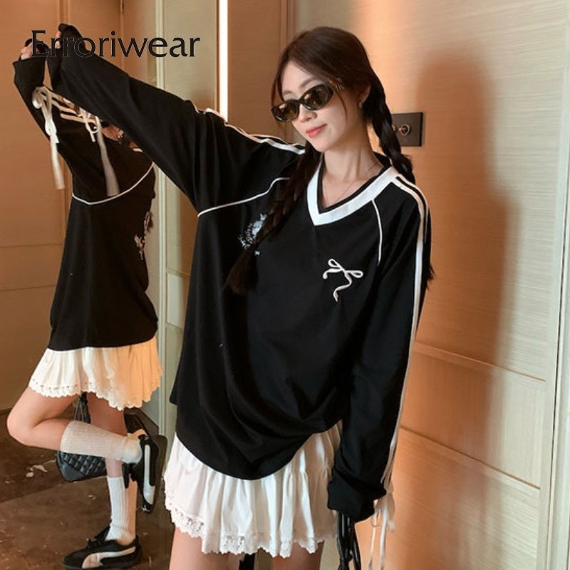 Errokiwear เสื้อยืดผู้หญิง Oversize 2024 Contrast Color Stripes Bowknots พิมพ์เสื้อแขนยาวคอวี
