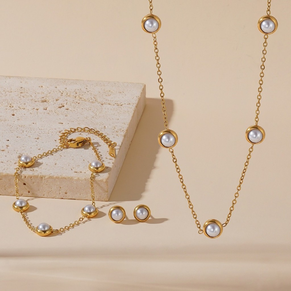 Small Fresh All-Match Pearl Plated 18k Gold Bracelet/สร้อยคอ/ต่างหูผู้หญิงประณีตชุดA Must-Have for Girls Gifts
