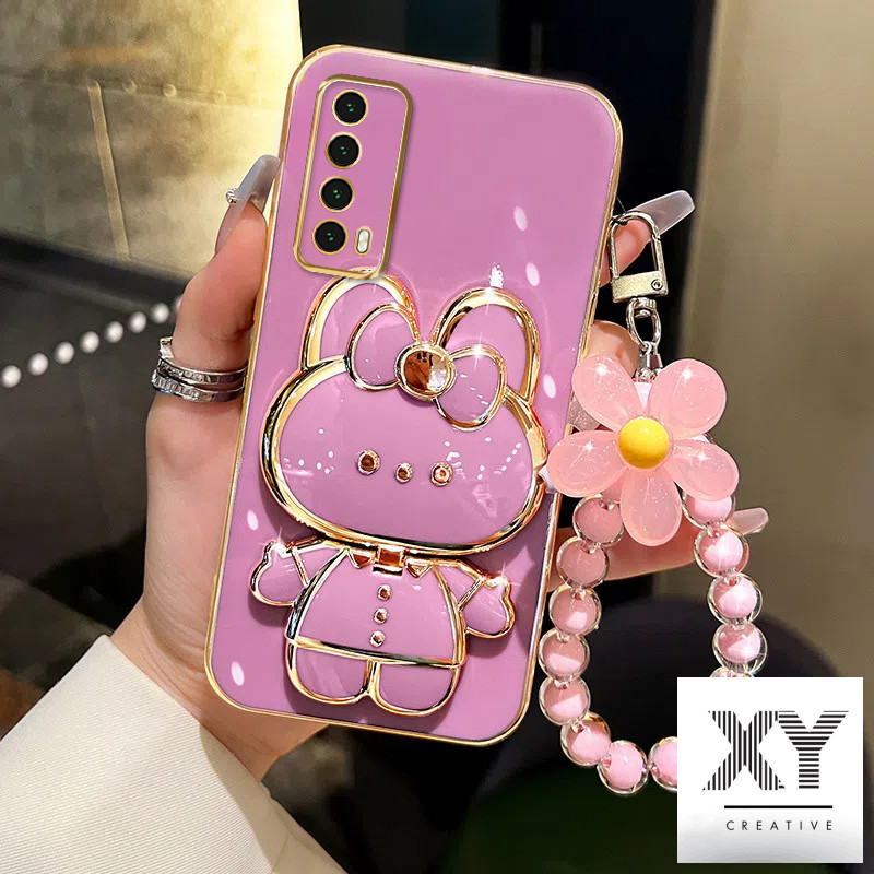 เคส Huawei Y7A Y9S Y7 Y9 Prime 2019 Y6P 2020 Nova 11 Pro 3i 7i 8i 5T 7 8 9 10 SE Y61 Y91 Y90 Y70 Plus เคสโทรศัพท์ชุบด้วยไฟฟ้าหรูหรา 3D กระต่ายเครื่องสําอางกระจกแต่งหน้าขาตั้งเคส TPU แบบนุ่มพร้อมสร้อยข้อมือเชือกเส้นเล็ก เคสโทรศัพท์
