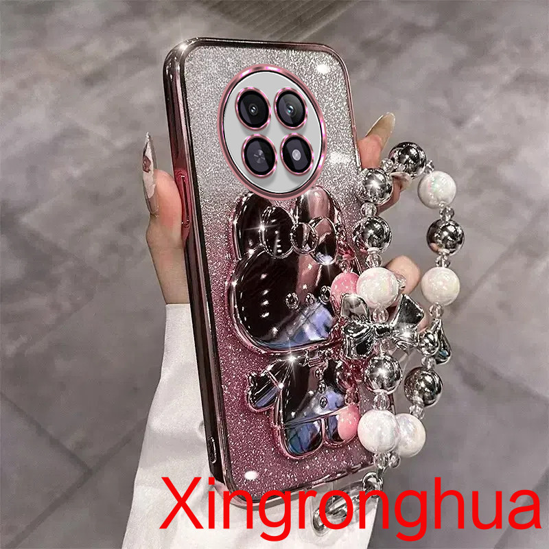 เคสโทรศัพท์สําหรับrealme 12 5G 12 Pro Plus 5G Realme12 + 5G Realme 11 5G 11X 11 ProหรูหราElectroplatingกระต่ายน่ารักแต่งหน้าMirrorโปร่งใสGlitterเคสโทรศัพท์พร้อมสร้อยข้อมือLay