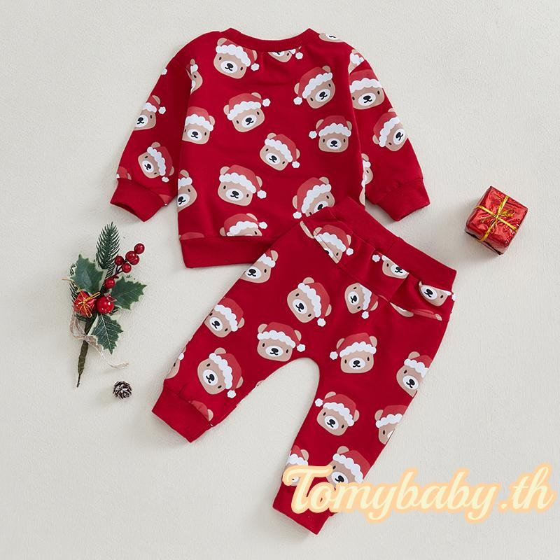 Tomybaby-เด็กทารกคริสต์มาสชุด Santa หมวกหมีพิมพ์เสื้อแขนยาว + กางเกงขายาว 2 ชิ้นชุดฤดูใบไม้ร่วง