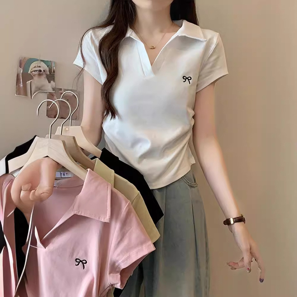 โบว์เย็บปักถักร้อยเสื้อโปโลสําหรับผู้หญิงแขนสั้นเกาหลีสลิมเสื้อลําลองสี่สีที่มีอยู่ - รูปที่ 2