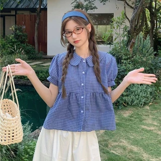 LINNA~Xตาหมากรุก ประกบ แขนสั้น เสื้อเชิ้ต เวอร์ชั่นเกาหลี สไตล์ใหม่ สไตล์หวาน